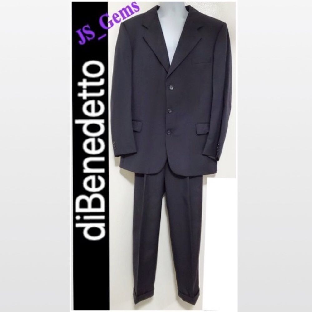 DiBenedetto Suit Mens Black 2 Piece Pant Jacket Power Suit Wool Pinstripes Forma